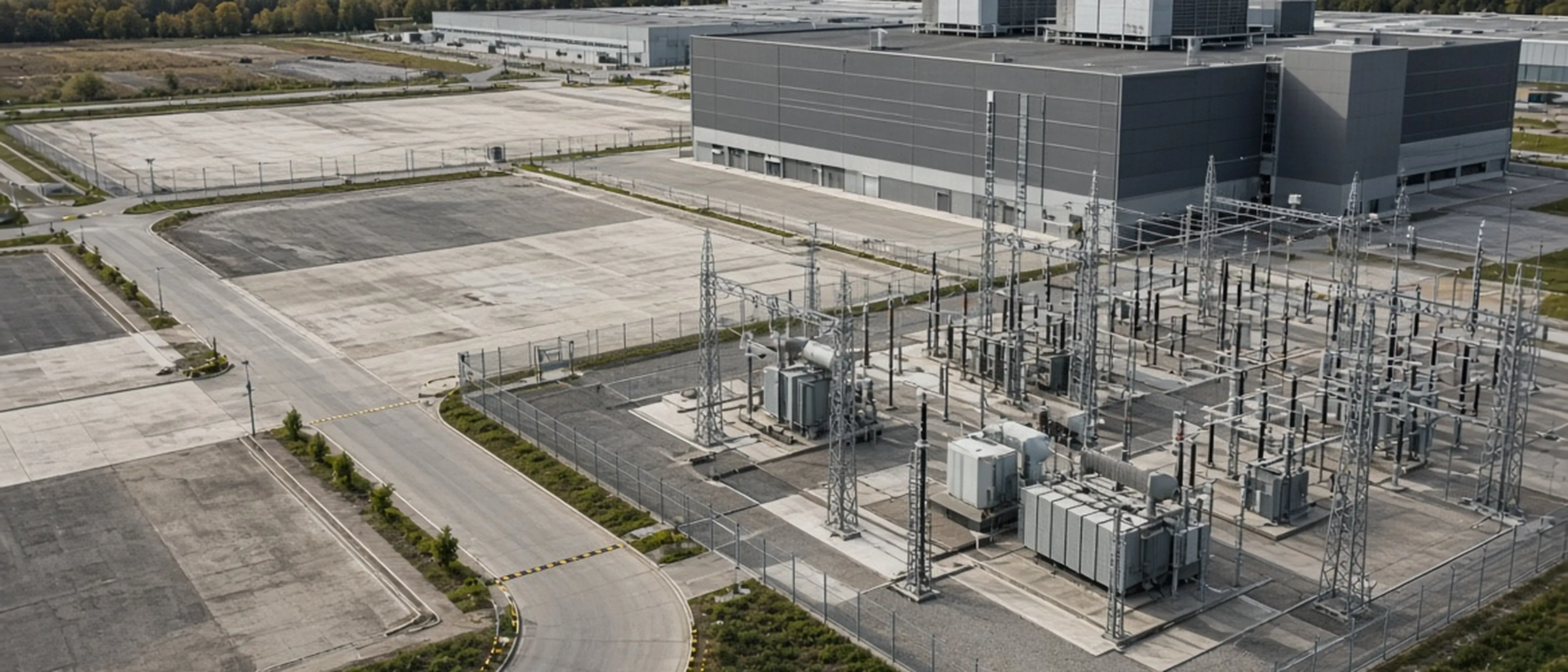 Elevated view of an existing European data-center campus with on-site electrical substation, transformers and service roads.