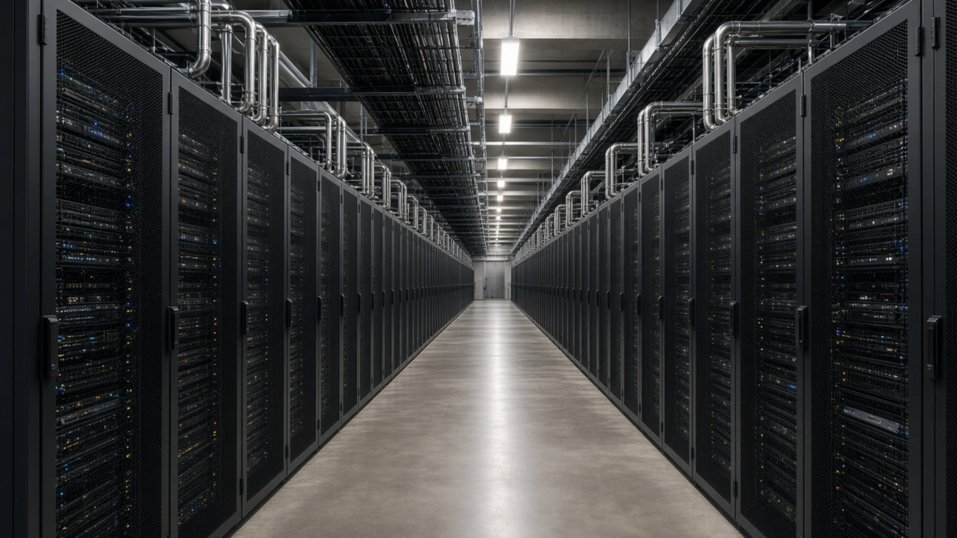 Data-center hall with rows of high-density compute racks and overhead liquid-cooling pipework.
