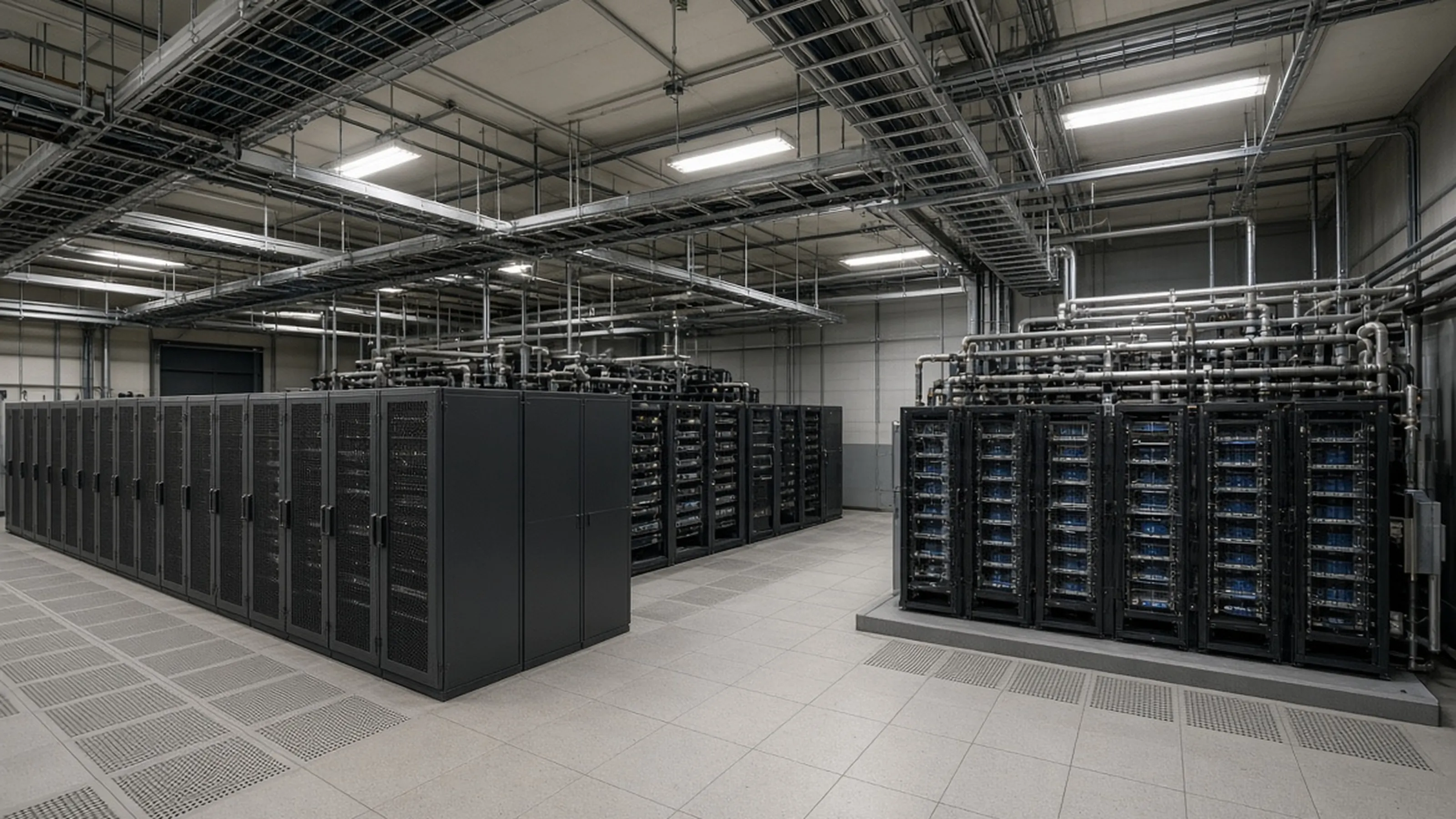 Existing data-center hall with legacy lower-density racks and a denser liquid-cooled AI rack zone being retrofitted.