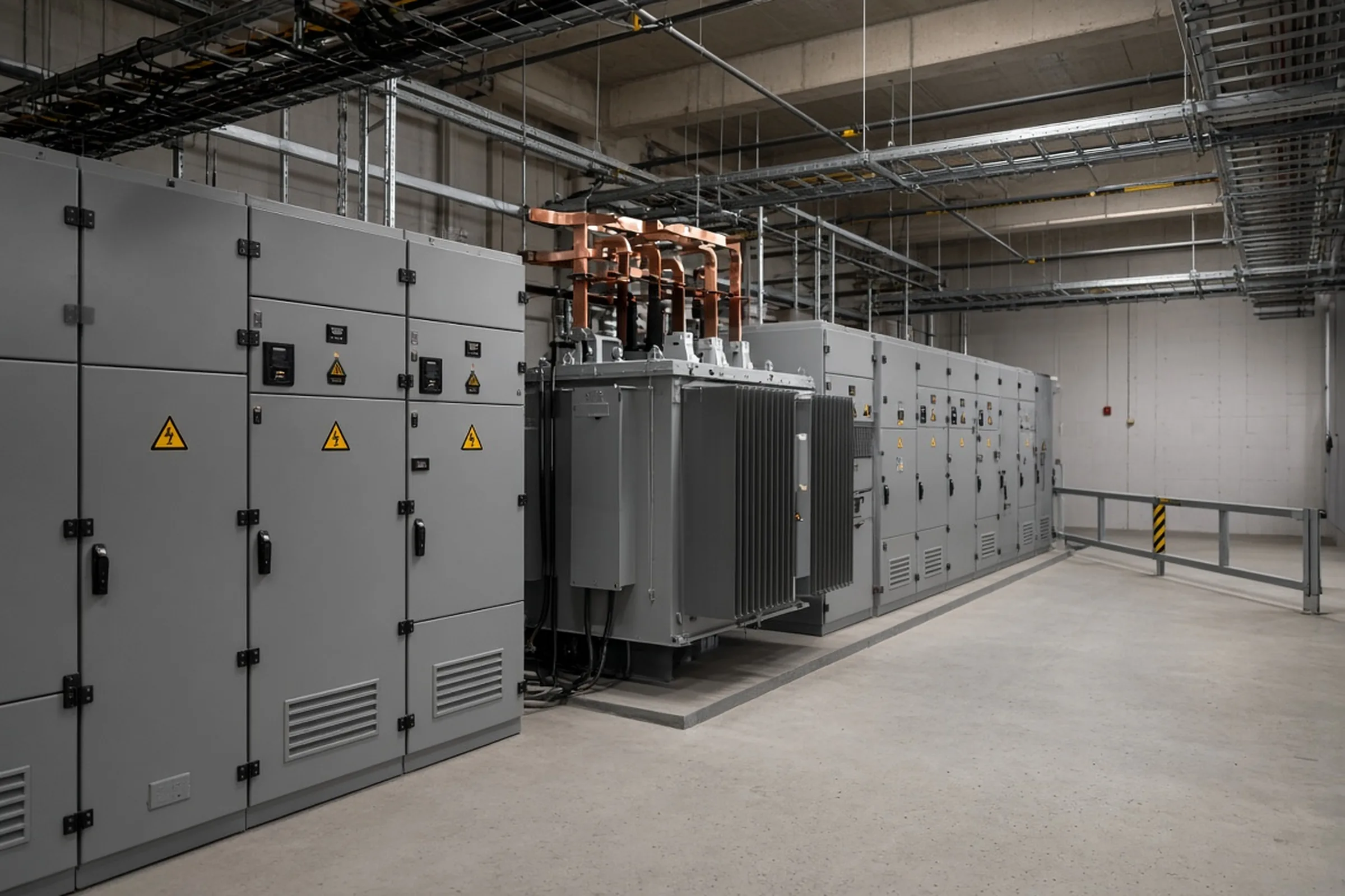 Data-center electrical room with distribution switchgear, a transformer section, copper bus and cable trays.