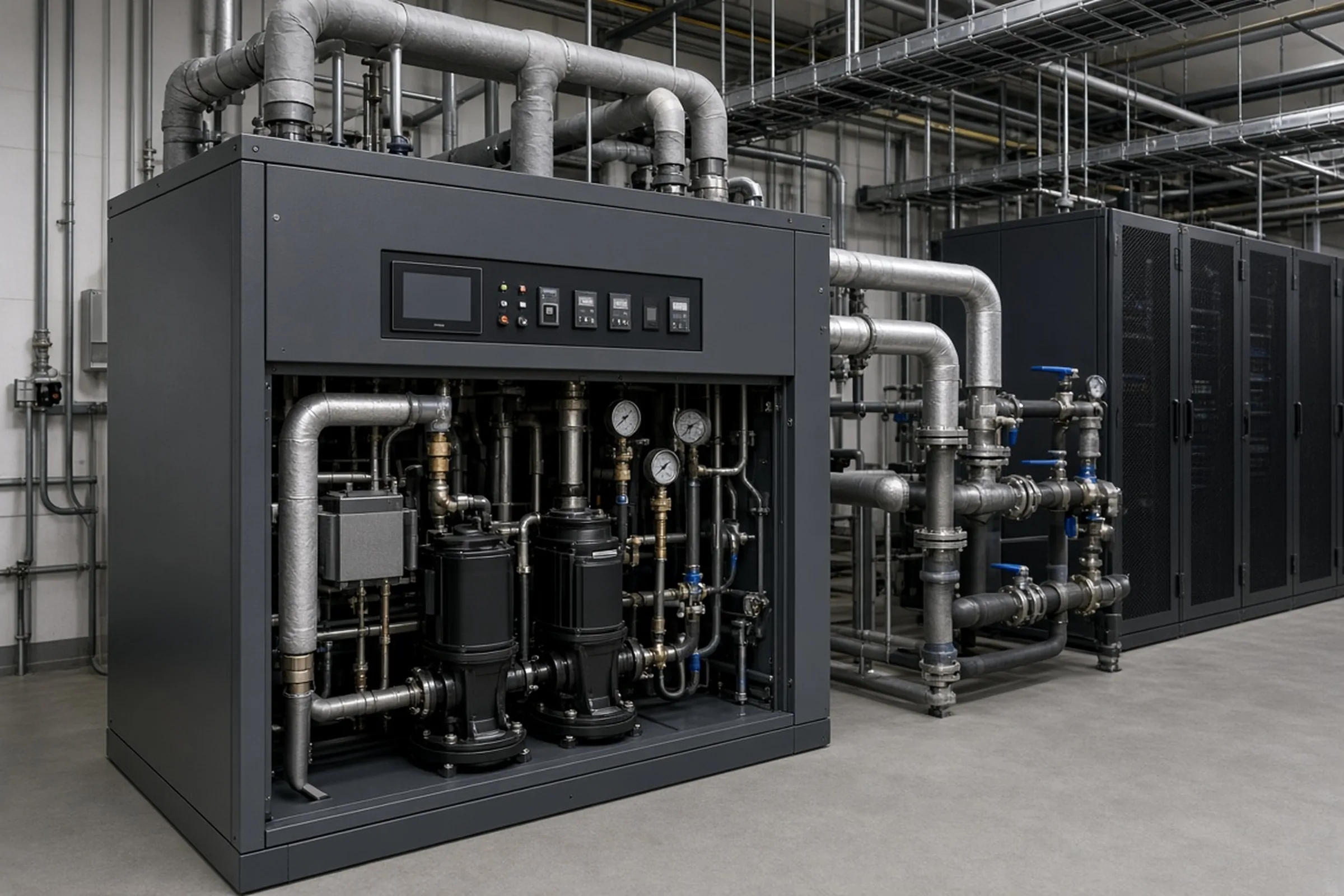 Facility coolant distribution unit with pumps, heat-exchange pipework and connections toward liquid-cooled racks.