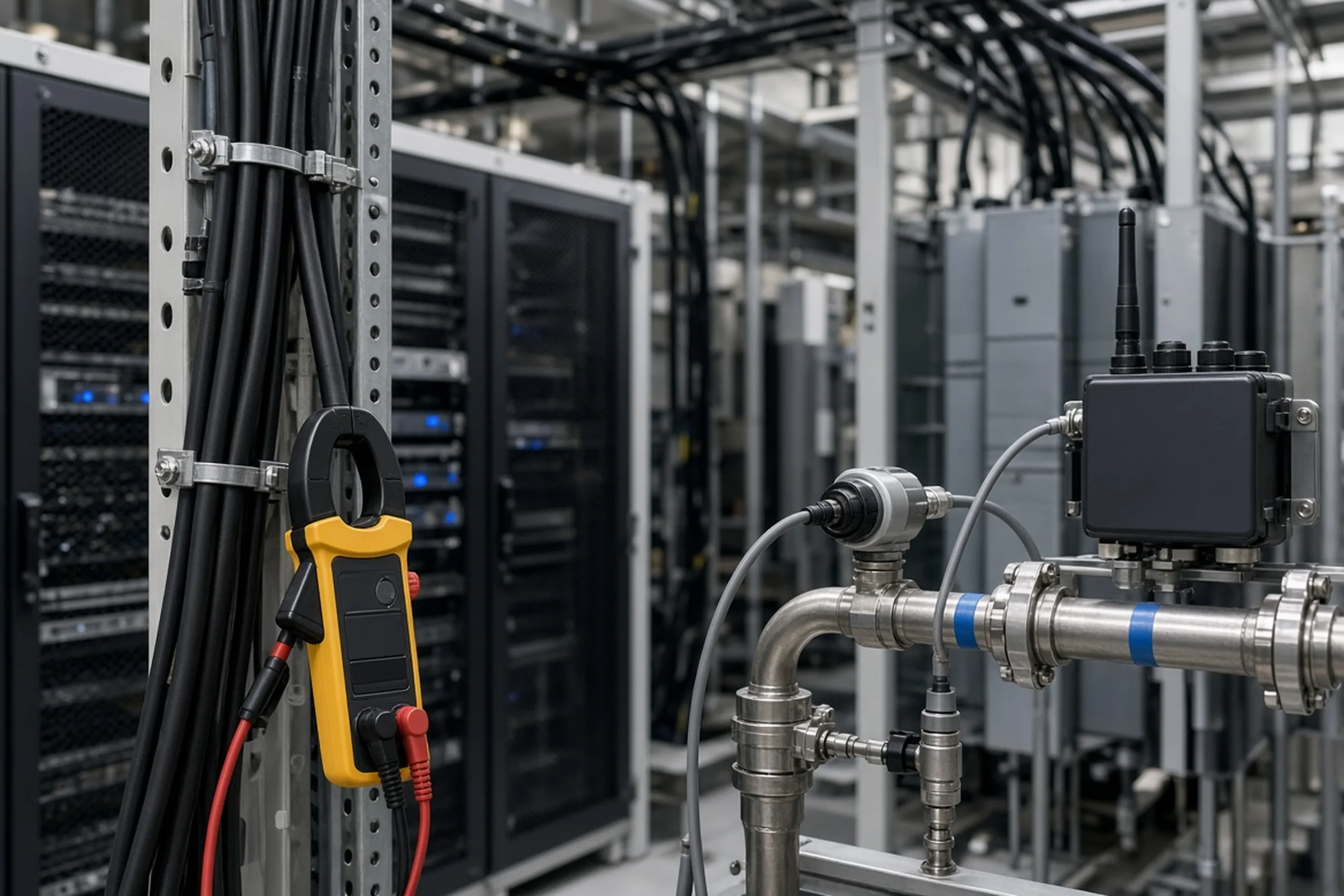 Clamp-on electrical measurement and pipe-mounted thermal sensors installed in an operational data-center hall.