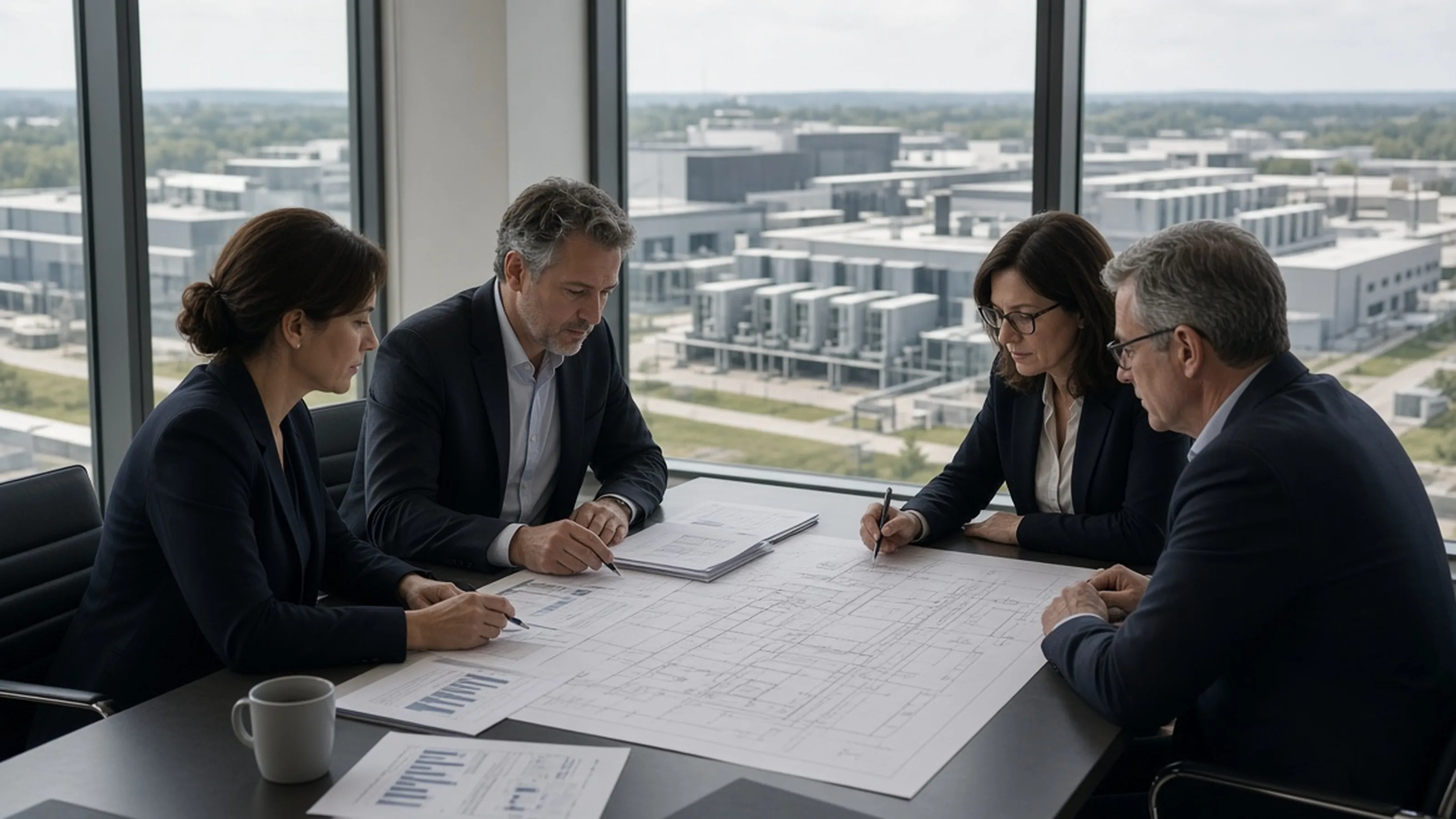 Infrastructure investment meeting in a boardroom overlooking a data-center campus.