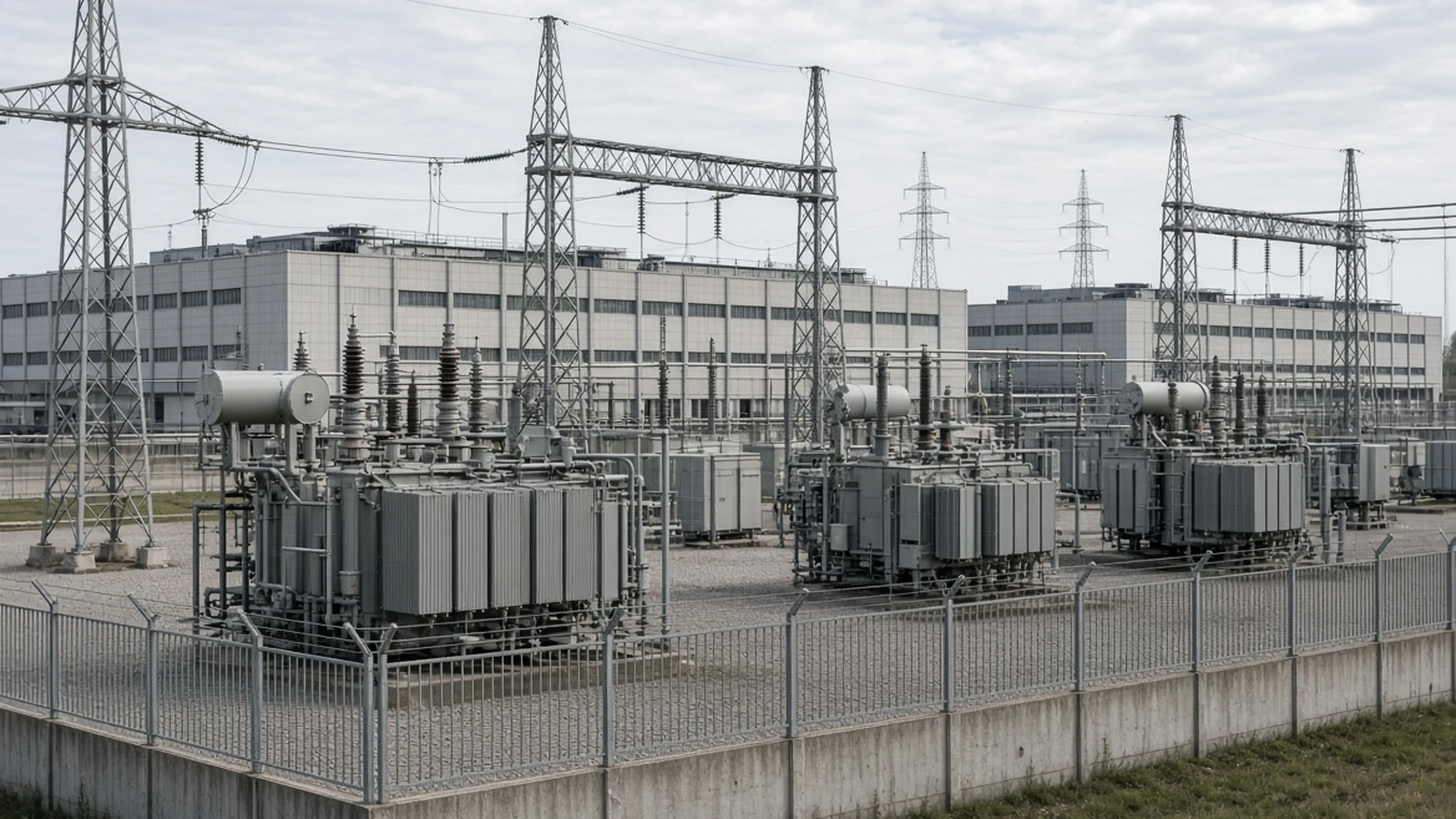 Reference photography — not a customer site; not measured evidence. Utility substation with transformers and buswork adjacent to data-center buildings.