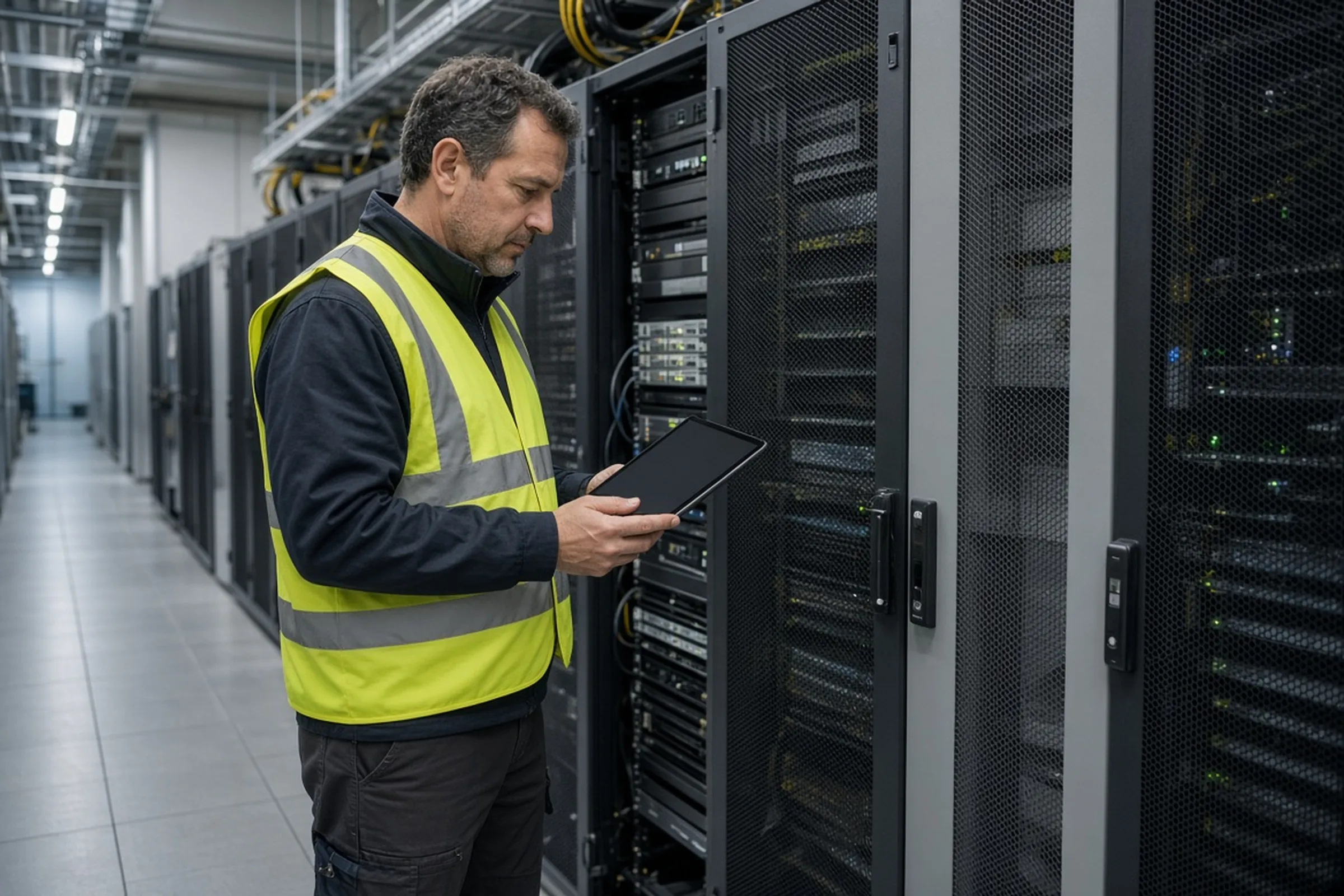 Reference photography — not a customer site; not measured evidence. Facilities engineer inspecting data-center rack infrastructure while holding a tablet.