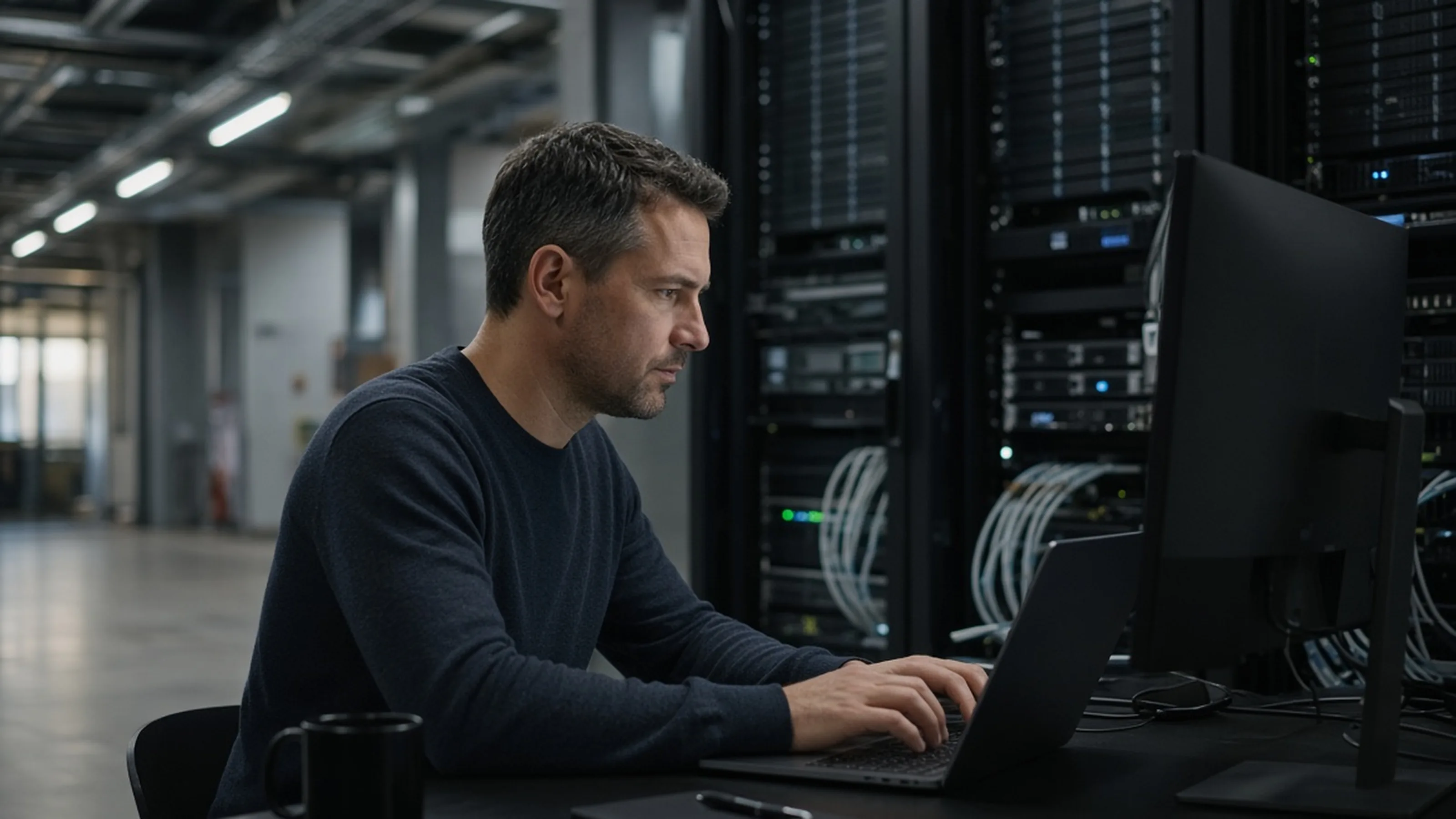 Reference photography — not a customer site; not measured evidence. Infrastructure engineer working at a workstation beside live server racks, screens unreadable.